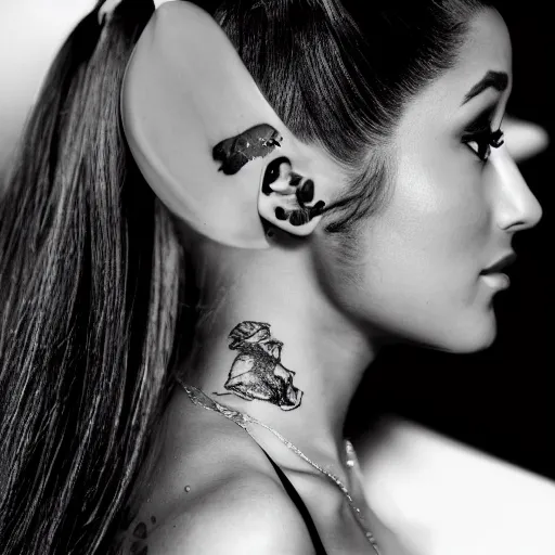 Image similar to ariana grande recursive photo beautiful ariana grande photo bw photography 130mm lens. ariana grande backstage photograph posing for magazine cover. award winning promotional photo. !!!!!COVERED IN TATTOOS!!!!! TATTED ARIANA GRANDE NECK TATTOOS. Zoomed out full body photography. Dramatic pose, reclining