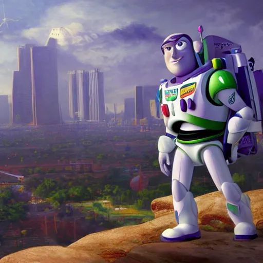 Image similar to buzz lightyear flying around the twin towers, oil on canvas by william sidney mount, octane render