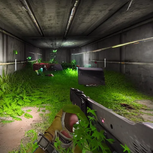 Image similar to screenshot of a first person shooter game, in an underground garden, shootout