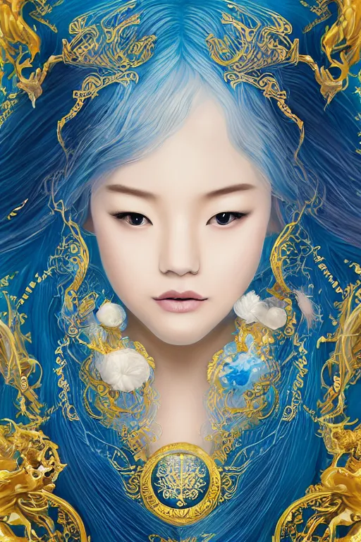 Prompt: a beautiful young Asian woman, Queen of the Sea Mu Yanling, long flowing white hair, blue and yellow robe that resembles floating wings, water flowing and floating around, young female face, liquid magic, cinematic top lighting, insanely detailed and intricate, face by wlop, Charlie Bowater, golden ratio, symmetrical proportions, elegant, ornate, luxury, elite, matte painting, MTG, magic the gathering, trending on artstation, cinematic, cgsociety, 8k, high resolution,