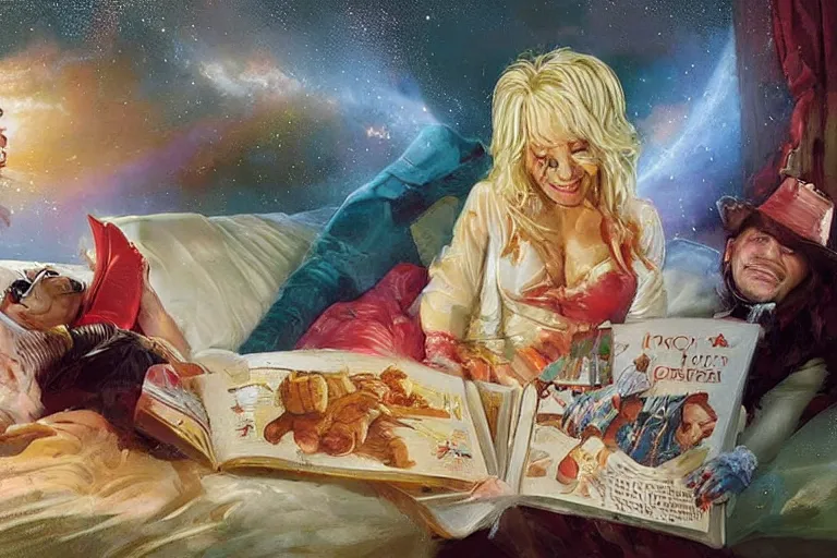 Image similar to portrait of dolly parton reading a bedtime story to jim carrey in bed, an oil painting by ross tran and thomas kincade