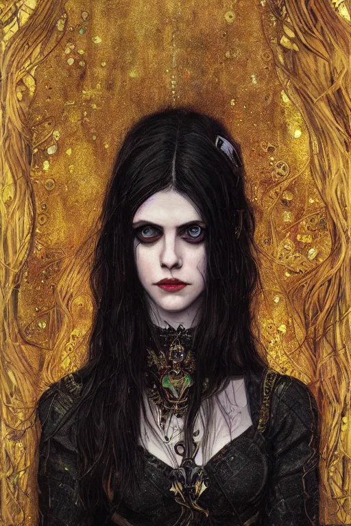 Image similar to portrait of beautiful gothic Alexandra Daddario, cyberpunk, Warhammer, highly detailed, artstation, illustration, art by Gustav Klimt