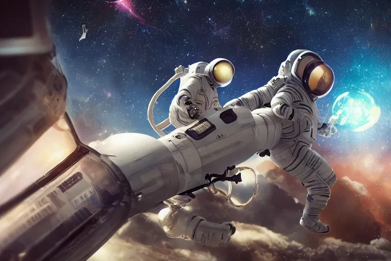 Prompt: astronaut chasing a spaceship Anime, fine details, cinematic. galaxy starscape. realistic shaded lighting by Ilya Kuvshinov Giuseppe Dangelico Pino and Michael Garmash and Rob Rey greg rutkowski, octane render, IAMAG premiere, aaaa achievement collection, elegant freckles, cinematic hologram, fabulous, daily deviation, annual award winner