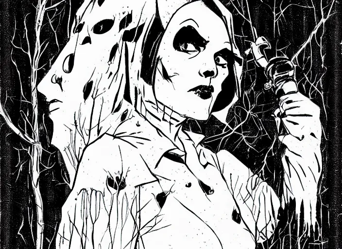 Image similar to 1940's Ghost Woman in the woods, detailed, comic book texture, bats, 4k symmetrical portrait, Ashley wood, Mike Mignola, trending on artstation, Norman Saunders