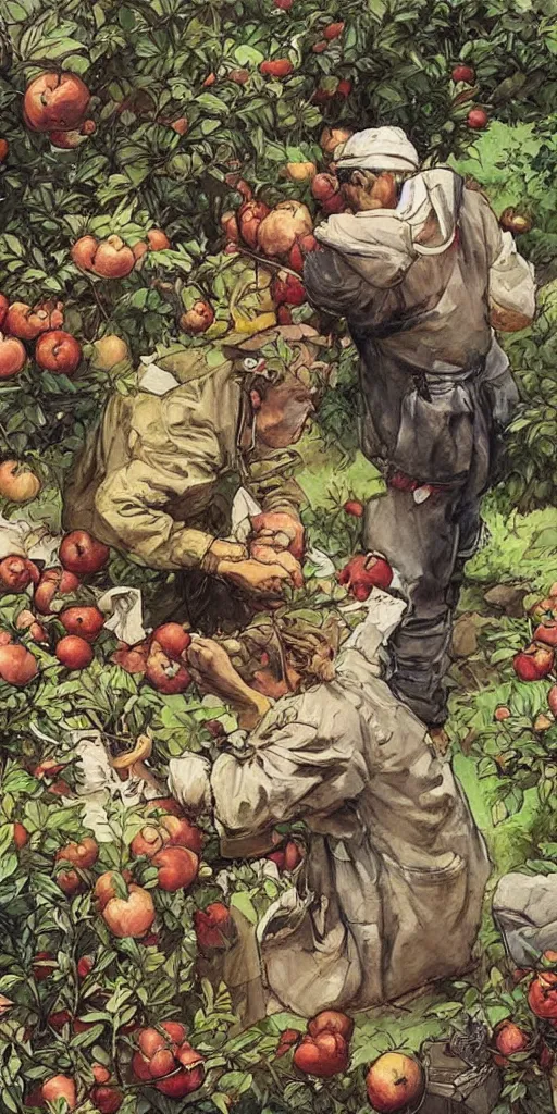 Prompt: oil painting scene from apple gardeners by kim jung gi