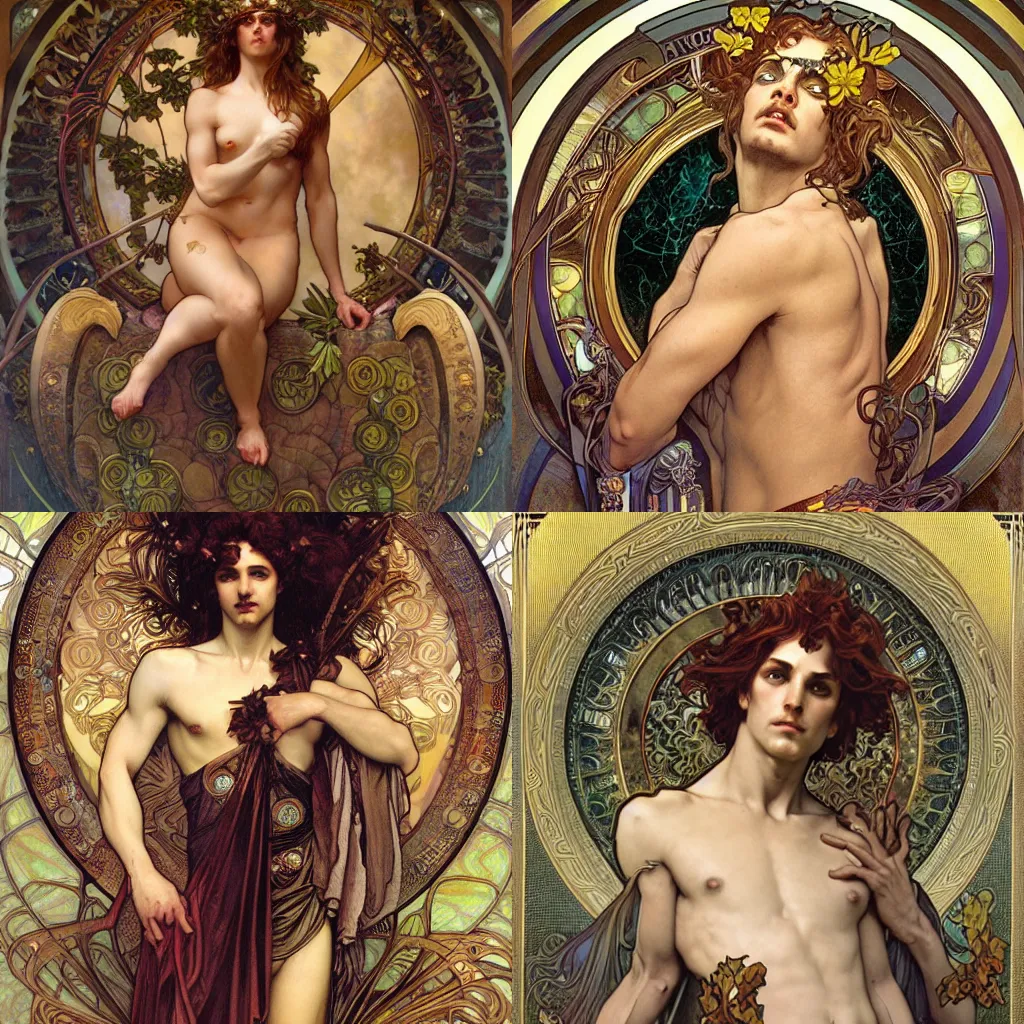 Prompt: realistic detailed matte painting of the Greek god Dionysus by Alphonse Mucha, Amano, Charlie Bowater, Karol Bak, Greg Hildebrandt, Jean Delville, and Mark Brooks, Art Nouveau, Neo-Gothic, gothic, dark ominous lighting