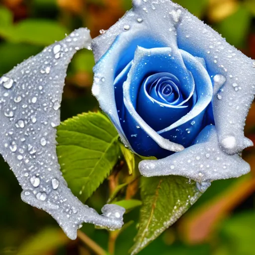 Image similar to A 4k photo of a blue rose, morning dew on the rose, high contrast