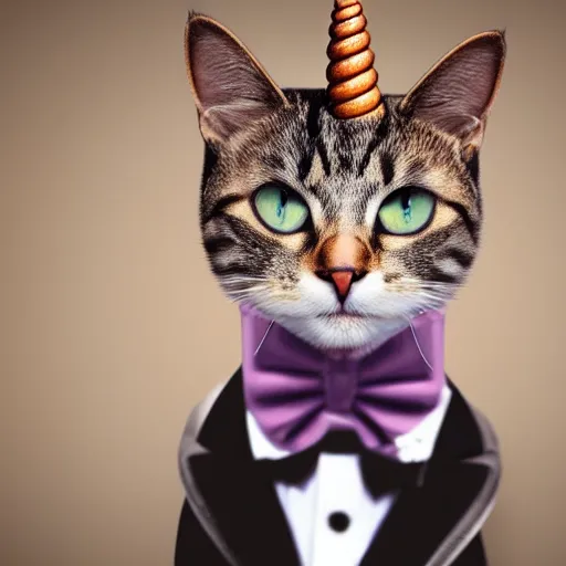 Prompt: photo of a cat with a snarky smile, he has a unicorn on his forehead and he is wearing a suit