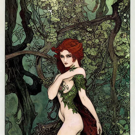 Image similar to a beautiful and detailed magic the gathering card of a seductive poison ivy as a dryad, fantasy, d & d, dark eyeliner, intricate, elegant, highly detailed, digital painting, artstation, concept art, matte, sharp focus, illustration, art by rebecca guay and by arthur rackham and by alphonse mucha and by john william waterhouse