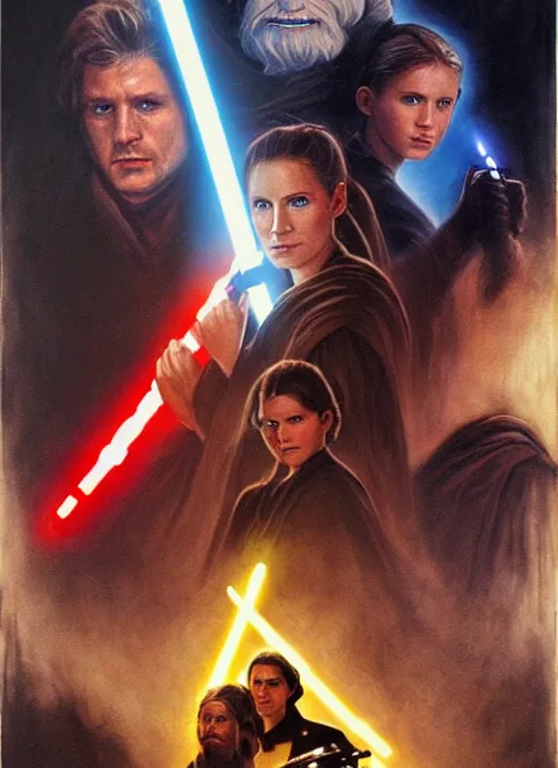 Prompt: epic cinematic poster artwork for featuring portraits for lost star wars film, portraits of luke, han and leia, the film titled end of an empire ( 1 9 9 0 ), moody painting by drew struzan, beautiful backlit, colorful, iconic composition, epic award winning, artstation, extremely detailed, flare, photorealistic, 4 k