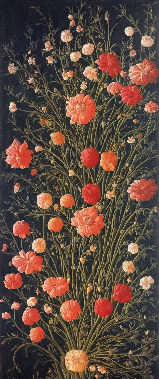 Image similar to oil painting of many various flowers on a dark background, painted by Sandro Botticelli, the flowers are floating and are seen from the side, dark atmosphere, realistic flowers oil painting