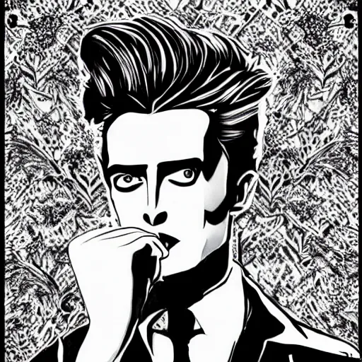 Prompt: black and white pen and ink!!!! Twin Peaks Black Lodge goetic vampire James Dean x David Bowie handsome beard golden!!!! Vagabond!!!! floating magic swordsman!!!! glides through a beautiful!!!!!!! floral!! battlefield dramatic esoteric!!!!!! pen and ink!!!!! illustrated in high detail!!!!!!!! by Moebius and Hiroya Oku!!!!!!!!! graphic novel published on 2049 award winning!!!! full body portrait!!!!! action exposition manga panel black and white Shonen Jump issue by David Lynch eraserhead and beautiful line art Hirohiko Araki!!