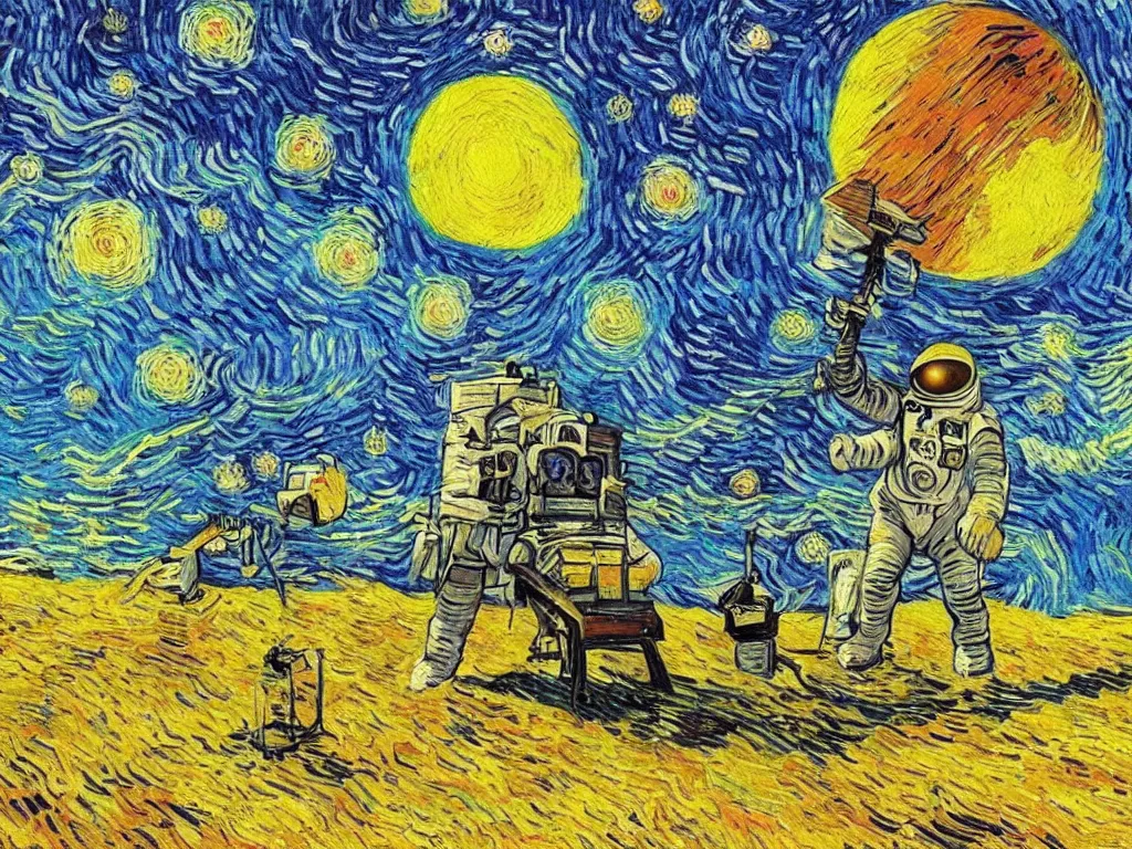 Prompt: bright beautiful oil painting of astronaut lands on a tropical candy planet, light scatter, van gogh