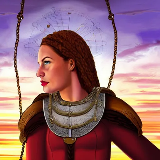 Prompt: portrait of a woman medieval ship pilot on a ship looking into the sunset on the sea, wearing breastplate, hair in side part, digital art, bokah, high fantasy art style