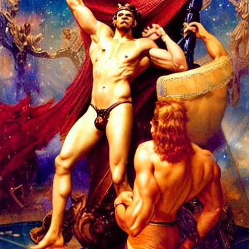 Prompt: muscular zeus wears leather and drinks martinis at a celestial dance club and falls in love with the handsome god jupiter, painting by gaston bussiere, craig mullins, j. c. leyendecker, tom of finland