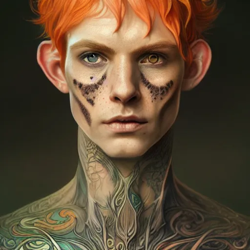 Prompt: portrait painting of an elven eladrin young man with short light orange hair and freckles and tree tattoos on his cheekbones, ultra realistic, concept art, intricate details, eerie, highly detailed, photorealistic, octane render, 8 k, unreal engine. art by artgerm and greg rutkowski and charlie bowater and magali villeneuve and alphonse mucha