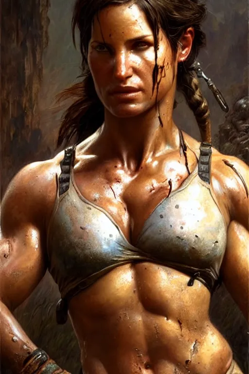 Image similar to muscular sweat lara croft, covers with mud exhausted face close up, highly detailed painting by gaston bussiere, craig mullins, j. c. leyendecker 8 k