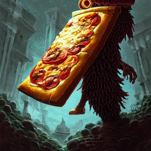 Image similar to ultra realistic illustration of pizza golem, intricate, fantasy italy, elegant, highly detailed, digital painting, artstation, concept art, smooth, sharp focus, illustration, art by tim mcburnie and conar cross and anato finnstark