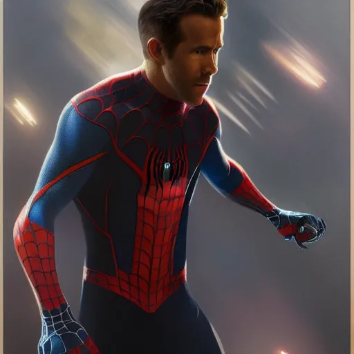 Image similar to ryan reynolds as a black and blue suit spider - man, cinematic, volumetric lighting, f 8 aperture, cinematic eastman 5 3 8 4 film, photorealistic by greg rutkowski, by stanley artgerm, by alphonse mucha