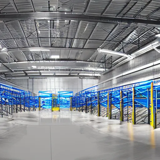 Image similar to warehouse distribution center, concept art, futuristic, automation, cranes, belts