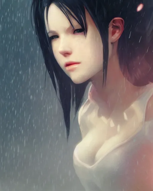 Image similar to beautiful tifa lockhart, face centered portrait, cottagecore, confident, fog, rain, volumetric lighting, soft light particles floating near her, illustration, perfectly shaded, oft painting, art by krenz cushart and wenjun lin