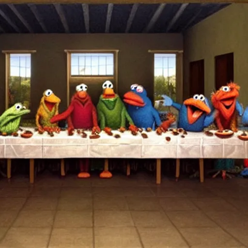 Image similar to the last supper featuring the muppets, 4 k