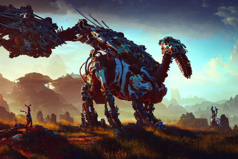 Image similar to tallneck machine mecanical creature robot of horizon forbidden west horizon zero dawn bioluminiscence global illumination ray tracing hdr fanart arstation by ian pesty and alena aenami artworks in 4 k