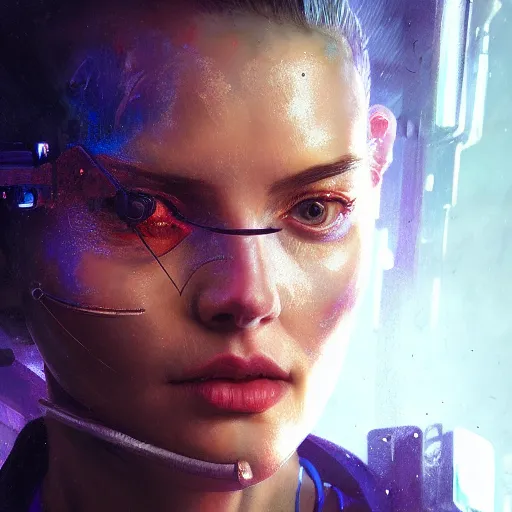 Image similar to a expressive portrait photograph of cyberpunk woman in dramatic lighting, depth of field background, artstation, award - winning realistic sci - fi concept art by jim burns and greg rutkowski, a realism masterpiece, expressive color palette, james gilleard, bruegel, alphonse mucha, and yoshitaka amano