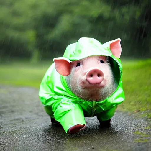 Prompt: cute pig in a green raincoat, photograph