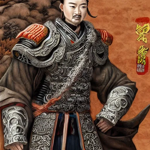 Image similar to dynamic composition, motion, ultra-detailed, incredibly detailed, a lot of details, amazing fine details and brush strokes, colorful and grayish palette, smooth, HD semirealistic anime CG concept art digital painting, watercolor oil painting of a Tang Ming dynasty chinese tao fantasy general wearing armor, from Three Kingdoms, by a Chinese artist at ArtStation, by Huang Guangjian, Fenghua Zhong, Ruan Jia, Xin Jin and Wei Chang. Realistic artwork of a Chinese videogame, gradients, gentle an harmonic grayish colors.