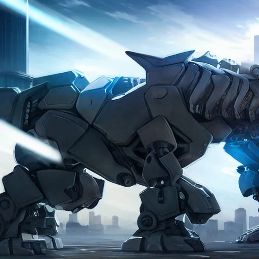 Image similar to hyper realistic, highly detailed cinematic full body shot of a giant mecha canine, sharp claws, sleek armor, glowing visor, charging through city, digital art, furry art, dragon art, zoids art, furaffinity, deviantart