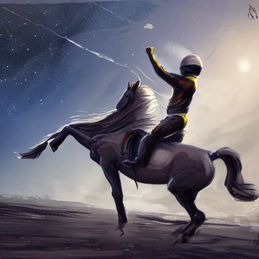 Image similar to concept art of a horse riding on the astronaut