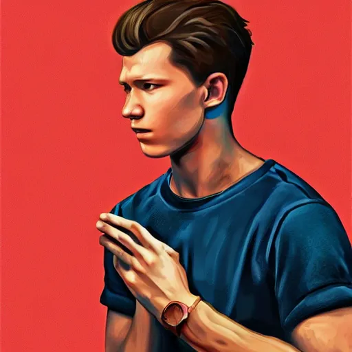 Prompt: portrait of tom holland, highly detailed, centered, solid color background, digital painting