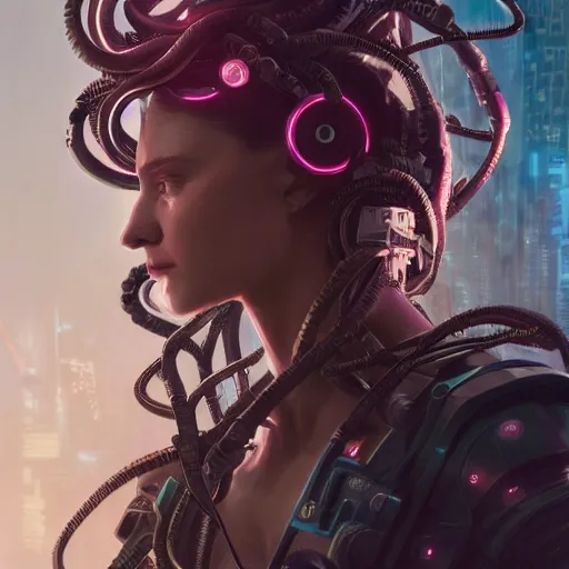 Image similar to portrait of Medusa with vr headset, cyberpunk, thick cables on the head, futuristic hi-tech details, ominous, intricate, art by anthony macbain + greg rutkowski + alphonse mucha, concept art, 4k, sharp focus, cinematic unreal engine