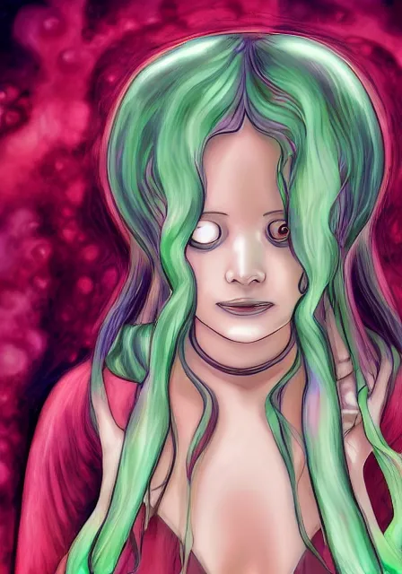 Image similar to portrait of a beautiful slime woman by junji ito, 8 k, hd, saturated,