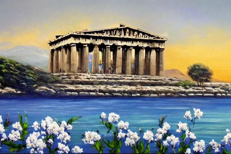 Image similar to a beautiful painting of there is a mysterious parthenon on the blue sea, full of holy white flowers