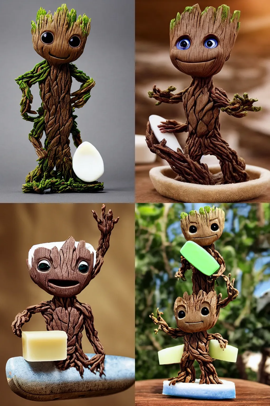 Prompt: little cute Groot rides on a bar of soap in the form of a surfboard, by disney plus