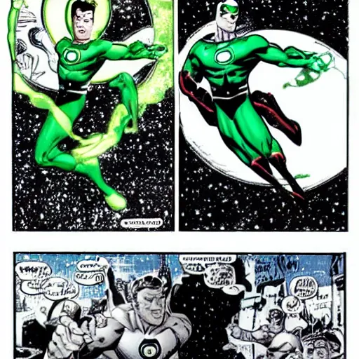 Image similar to comic Green Lantern in black and white uniform in space flying infront of the moon,