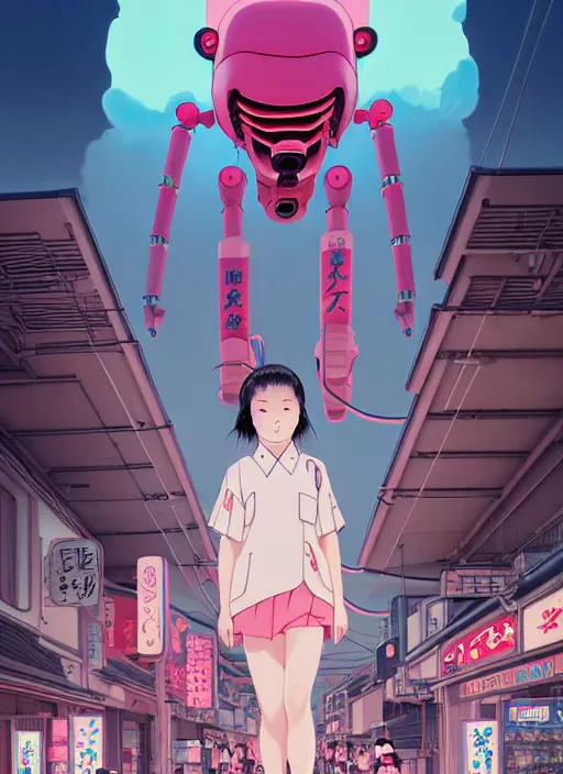 Image similar to Artwork by James Jean, Phil noto and hiyao Miyazaki; a young Japanese future samurai police girl named Yoshimi battles an enormous looming evil natured carnivorous pink robot on the streets of Tokyo; Japanese shops and neon signage; crowds of people running; Art work by studio ghibli, Phil noto and James Jean