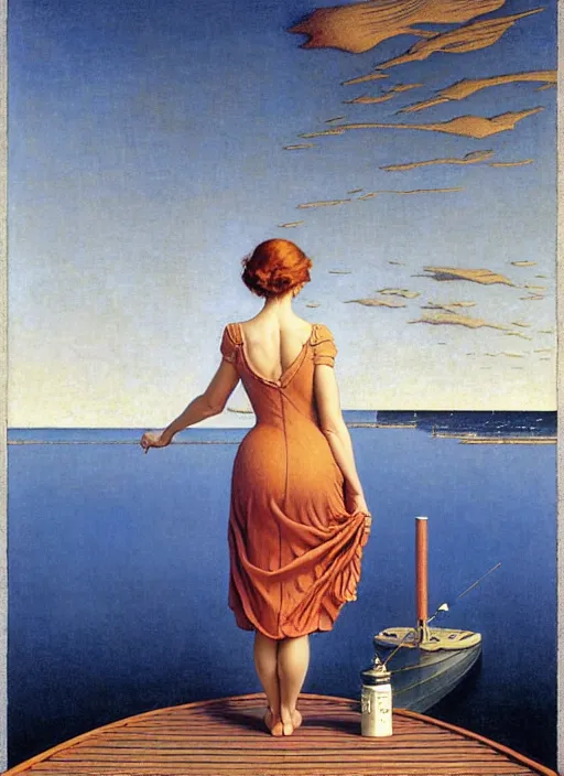 Prompt: a fancy beautiful young lady standing on a wharf at the edge of the sea by rob gonsalves and brom and gil elvgren and george petty and jean delville and william blake and norman rockwell, crisp details, hyperrealism, high detail, high contrast, low light, grey mist, cobblestones, dim lantern