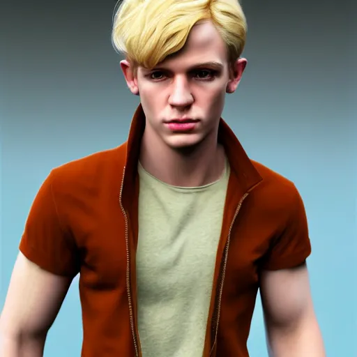 Image similar to A videogame portrait of a blond young Irish man. Dressed in 1980s style. Highly detailed, fine Art, high detail, great lighting, 8k resolution, masterpiece, concept art, illustration, clear eyes, painting oil on canvas, octane render, HDR, trending on artstation, 4k, 8k, HD