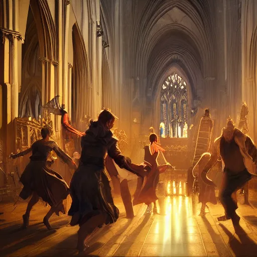 Image similar to a small group of people dancing ecstatic in a cathedral, D&D, fantasy, intricate, cinematic lighting, highly detailed, digital painting, artstation, concept art, smooth, sharp focus, illustration, art by Greg Rutkowski