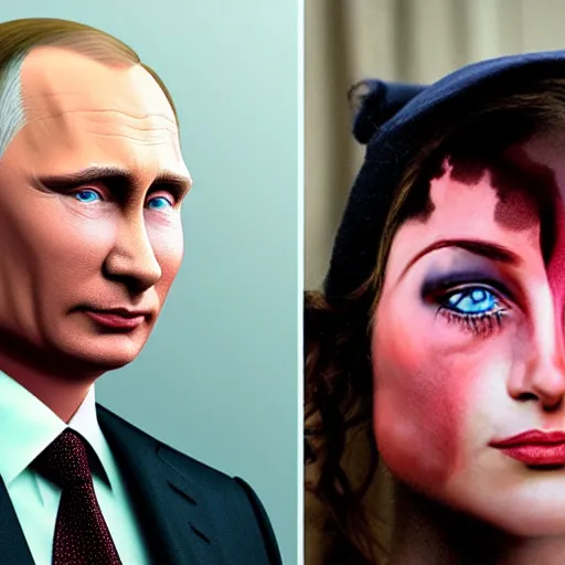Prompt: a realistic 85 mm portrait of Vladimir Putin with girl makeup on his face, hyperrealistic, cinematic,