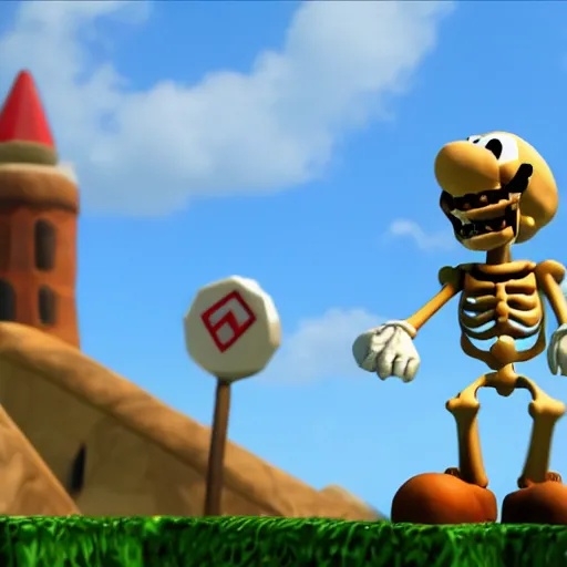 Prompt: A skeleton in the game Super Mario 64, unreal engine, highly detailed, vray, 8k