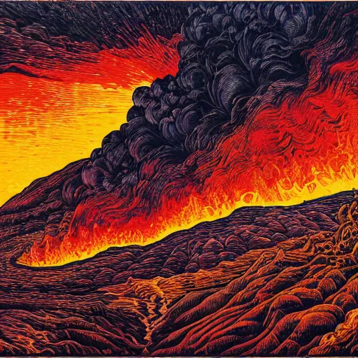 Prompt: vulcano, lava, trees on fire, surreal by dan mumford and umberto boccioni, oil on canvas