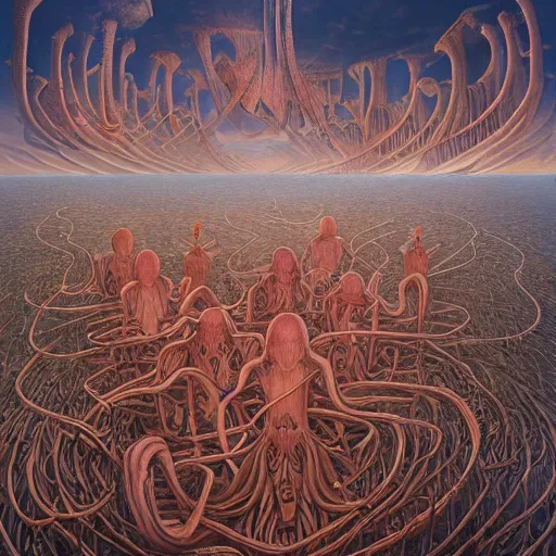 Image similar to sirens of the red sea by jacek yerka, alex gray, zdzisław beksiński, dariusz zawadzki, jeffrey smith and h.r. giger, oil on canvas, 8k highly professionally detailed, trending on artstation