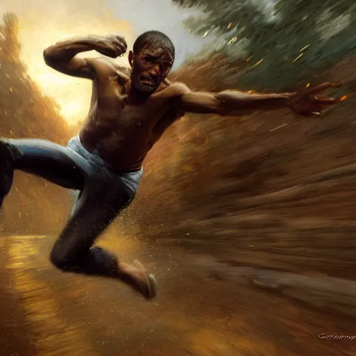 Prompt: cinematic painting of qwop!!!!!!!!!!!!!!!!! running down the track by gaston bussiere, craig mullins, j. c. leyendecker, kinetic, motion, athletic, running