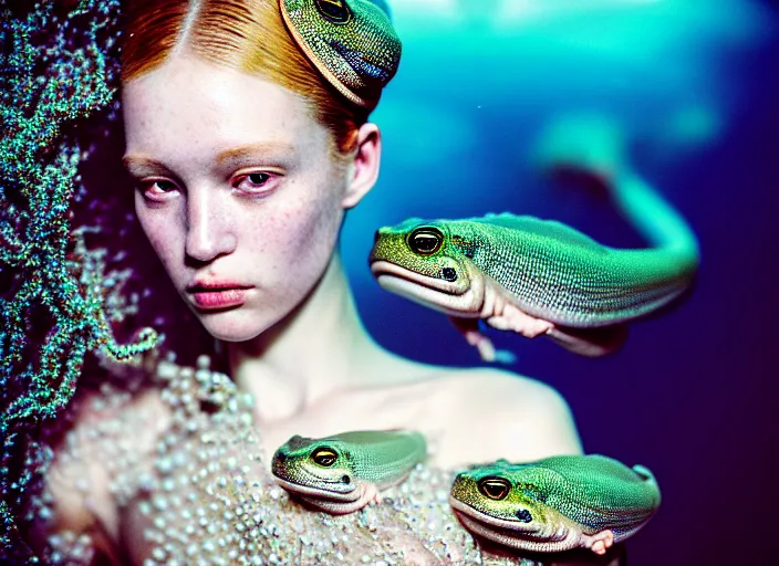 Image similar to kodak portra 4 0 0 photo portrait of a beautiful sirens floating in a crystal tank in style of tim walker, amphibian skin dress intricate detailed scales, 5 0 mm lens, f 2. 4, elegant, highly detailed, sharp focus, ethereal, out worldly colours, emotionally evoking, head in focus, soft blur light dreamy underwater, volumetric lighting, epic fantasy