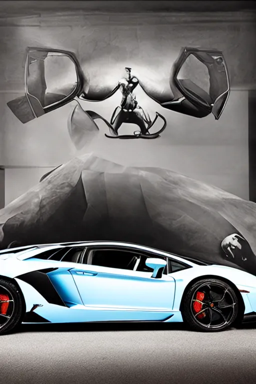 Image similar to Lamborghini Aventador with a vinyl wrap of a Dali Painting, studio lighting.