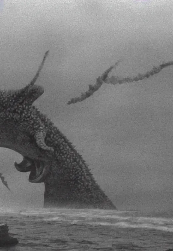 Image similar to a filmstill of a north korean monster movie, kaiju - eiga monster starfish - like trampling a traditional korean palace, foggy, film noir, video compression